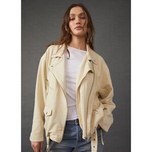 We The Free | Free People Rebel Knit Moto Jacket Cream Zip Belted Hem Medium